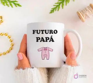 Plantilla de sublimación para taza 'Futuro Papá' con diseño de mameluco de bebé rosa