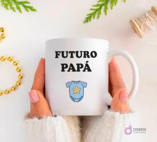 Plantilla de sublimación para taza 'Futuro Papá' con diseño de mameluco de bebé azul y estrella
