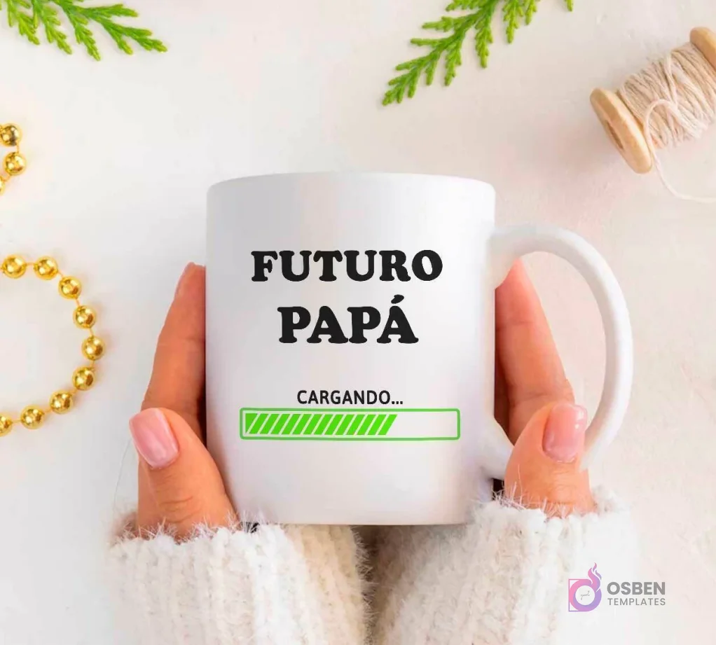 Plantilla de sublimación para taza 'Futuro Papá' con diseño de barra de carga 'Cargando...'