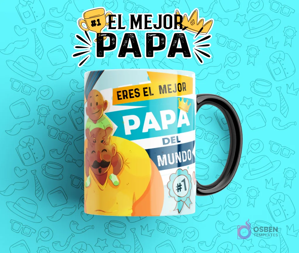Diseño de sublimación para taza del Día del Padre con frase 'Eres El Mejor Papá Del Mundo', mostrando a un padre llevando a su hijo sobre los hombros, en una taza con gradiente azul sobre fondo celeste.