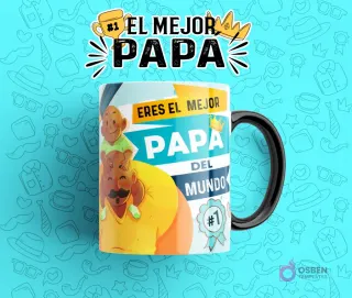 Diseño de sublimación para taza del Día del Padre con frase 'Eres El Mejor Papá Del Mundo', mostrando a un padre llevando a su hijo sobre los hombros, en una taza con gradiente azul sobre fondo celeste.