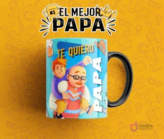 Plantilla para sublimar taza del Día del Padre con diseño 'Te Quiero Papá', ilustrando a un hijo adulto siendo cargado por su padre, en una taza con detalles azules y naranjas sobre fondo amarillo.