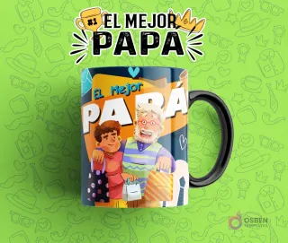 Diseño digital para taza del Día del Padre con texto 'El Mejor Papá', mostrando a un padre y un hijo feliz con bolsas de compra, en una taza sobre un fondo verde con patrones.