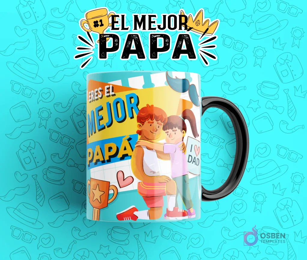 Plantilla de taza para sublimación del Día del Padre con la frase 'Eres El Mejor Papá', ilustrando a un padre arrodillado recibiendo un abrazo de su hija, sobre una taza azul y amarillo con fondo celeste.