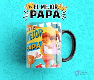 Plantilla de taza para sublimación del Día del Padre con la frase 'Eres El Mejor Papá', ilustrando a un padre arrodillado recibiendo un abrazo de su hija, sobre una taza azul y amarillo con fondo celeste.