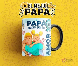 Diseño de taza sublimable para el Día del Padre con mensaje 'Papá Gracias Por Tu Amor Incondicional', representando a un padre cargando a su hija, en una taza azul y amarilla sobre fondo amarillo.