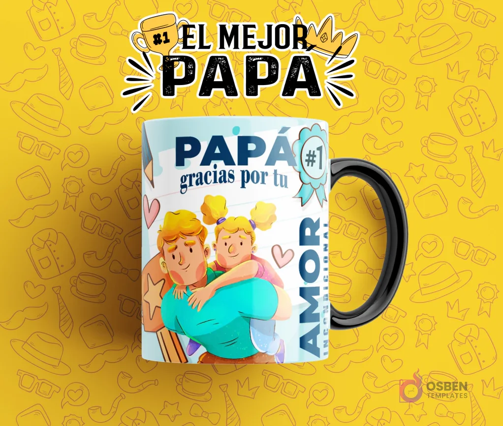 Diseño de taza sublimable para el Día del Padre con mensaje 'Papá Gracias Por Tu Amor Incondicional', representando a un padre cargando a su hija, en una taza azul y amarilla sobre fondo amarillo.