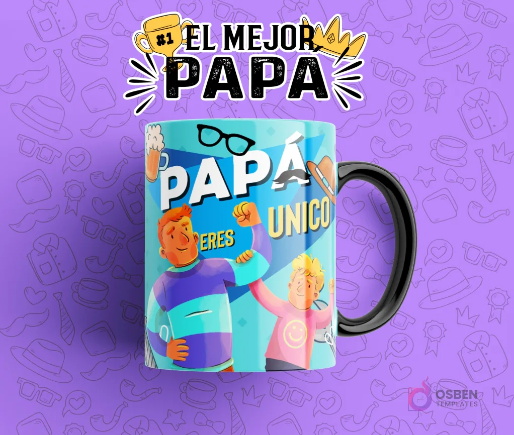 Plantilla para taza del Día del Padre 'Papá Eres Único', mostrando a un padre y un hijo musculosos haciendo poses, en una taza azul y morada con fondo lila.