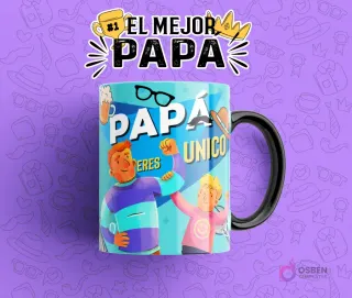Plantilla para taza del Día del Padre 'Papá Eres Único', mostrando a un padre y un hijo musculosos haciendo poses, en una taza azul y morada con fondo lila.