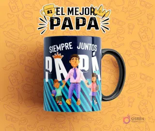 Diseño de sublimación para taza del Día del Padre con la frase 'Siempre Juntos Papá', ilustrando a un padre con dos hijos tomados de la mano, en una taza azul oscura con fondo naranja.