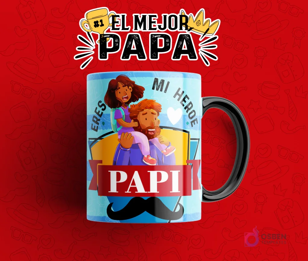 Plantilla de taza para el Día del Padre con el texto 'Eres Mi Héroe Papi' y un ícono de bigote, mostrando a un padre llevando a su hija sobre los hombros, en una taza amarilla y azul con fondo rojo.