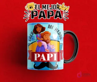 Plantilla de taza para el Día del Padre con el texto 'Eres Mi Héroe Papi' y un ícono de bigote, mostrando a un padre llevando a su hija sobre los hombros, en una taza amarilla y azul con fondo rojo.