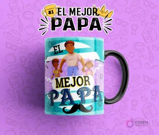 Diseño digital para sublimar taza del Día del Padre con la frase 'El Mejor Papá' y un ícono de bigote, ilustrando a un padre junto a sus dos hijos, en una taza celeste y blanca con fondo lila.