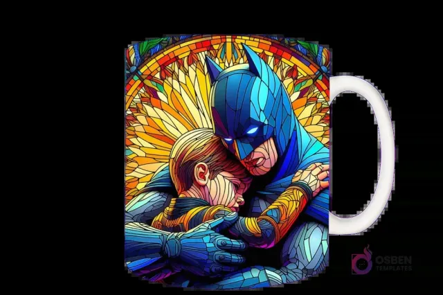 Taza sublimada con Batman y su hijo abrazándose, diseño tipo vidriera 'Super Dad'
