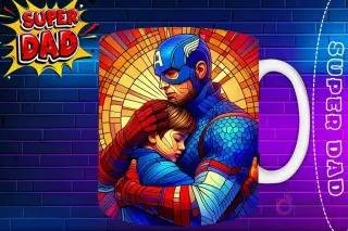 Taza sublimada con Capitán América abrazando a su hijo, estilo vidriera 'Super Dad'