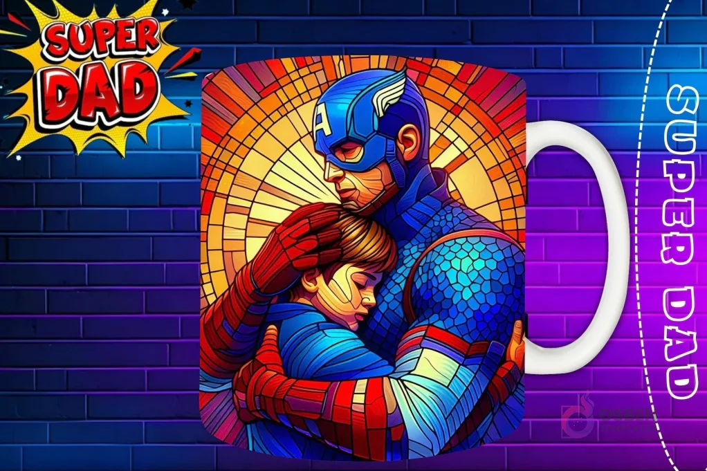 Taza sublimada con Capitán América abrazando a su hijo, estilo vidriera 'Super Dad'