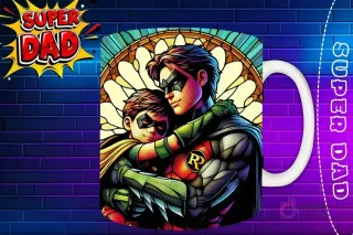 Taza sublimada con Robin y su hijo abrazándose, diseño tipo vitral 'Super Dad'