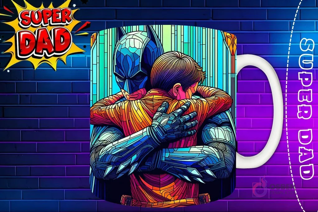 Taza sublimada con Batman abrazando a su hijo en un estilo de vidriera vibrante, diseño 'Super Dad'