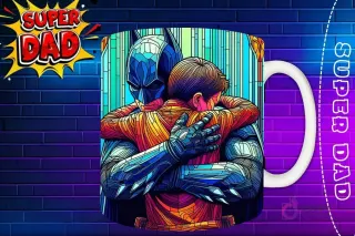 Taza sublimada con Batman abrazando a su hijo en un estilo de vidriera vibrante, diseño 'Super Dad'