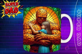 Taza sublimada con La Mole (The Thing) abrazando a su hija en estilo vitral, diseño 'Super Dad'