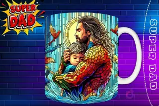 Taza sublimada con Aquaman y su hijo abrazándose, diseño subacuático tipo vidriera 'Super Dad'