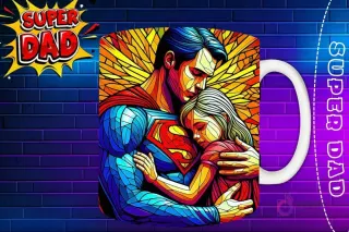 Taza sublimada con Superman abrazando a su hija, diseño estilo vitral con logo 'Super Dad'