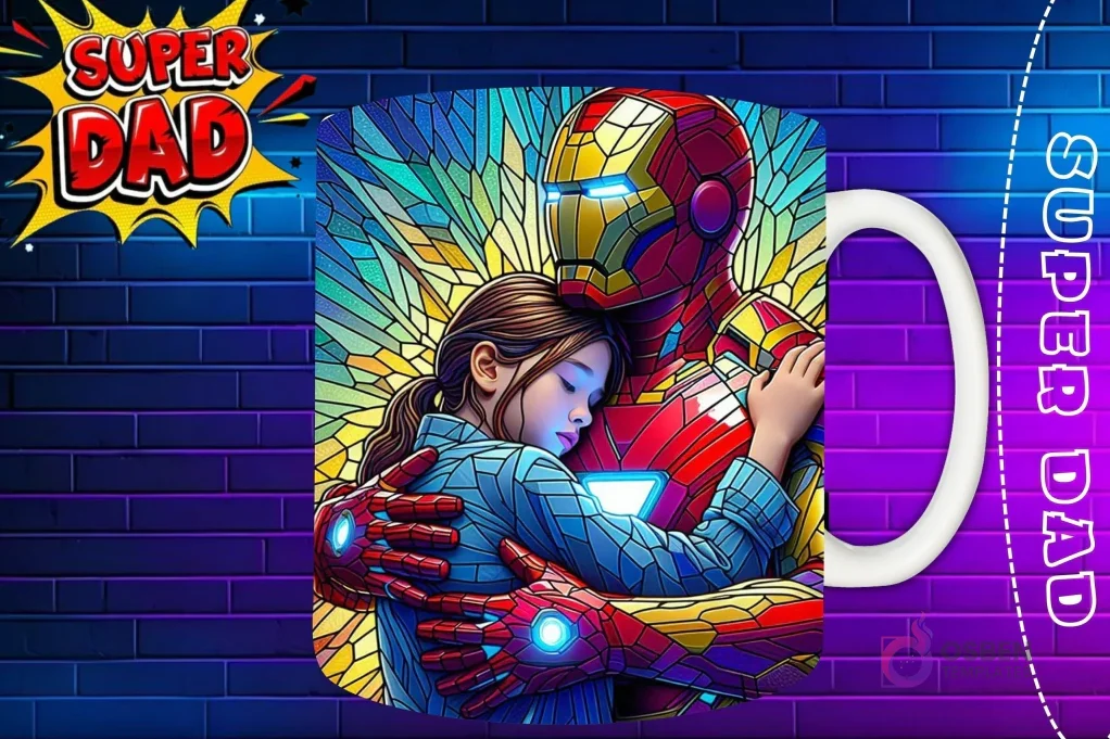 Taza sublimada con Iron Man y su hija abrazándose, diseño de armadura estilo vidriera 'Super Dad'