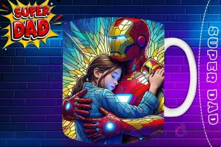 Taza sublimada con Iron Man y su hija abrazándose, diseño de armadura estilo vidriera 'Super Dad'