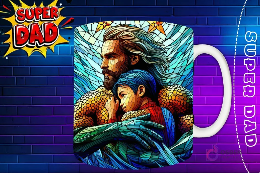 Taza sublimada con Aquaman con barba y su hijo, diseño de vidriera marina 'Super Dad'