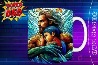 Taza sublimada con Aquaman con barba y su hijo, diseño de vidriera marina 'Super Dad'