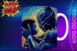 Taza sublimada con Black Panther y un niño mirándose, diseño de estilo vitral azul 'Super Dad'