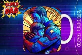 Taza sublimada con Capitán América abrazando a su hijo con escudo y vidriera, 'Super Dad'