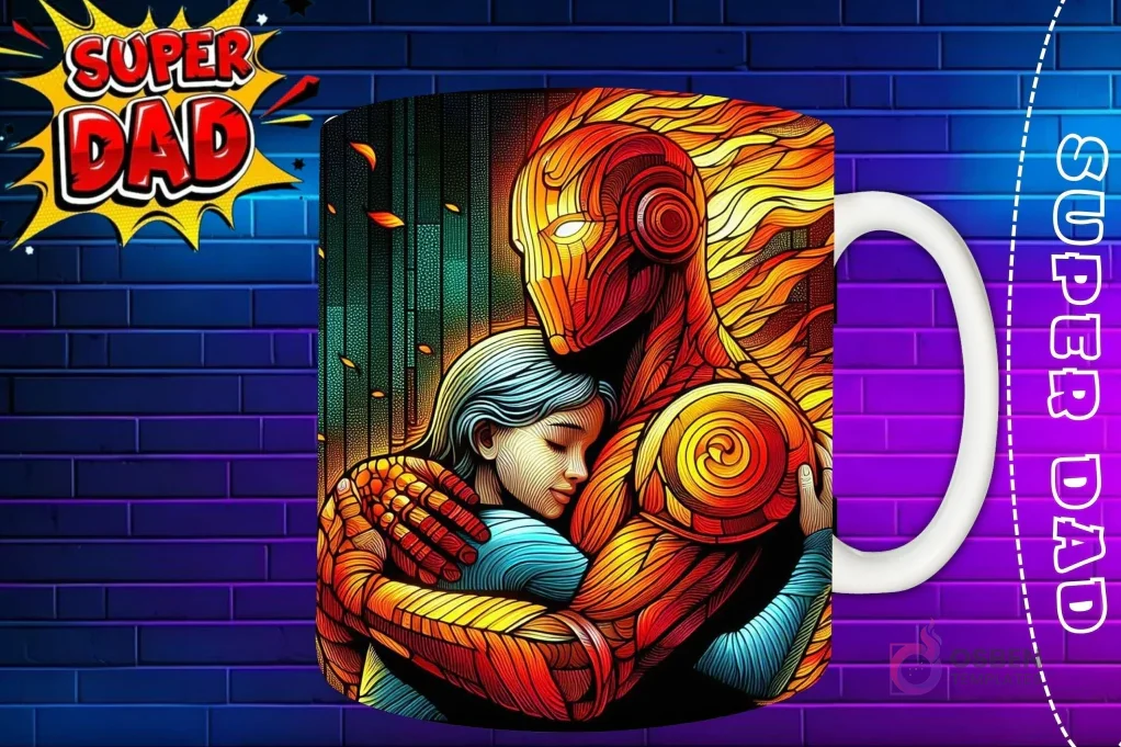 Taza sublimada con un héroe de fuego abrazando a una niña, diseño de vidriera en tonos cálidos 'Super Dad'