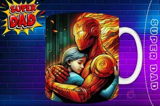 Taza sublimada con un héroe de fuego abrazando a una niña, diseño de vidriera en tonos cálidos 'Super Dad'