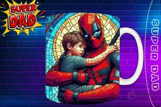 Taza sublimada con Deadpool y su hijo abrazándose, diseño estilo vidriera 'Super Dad'