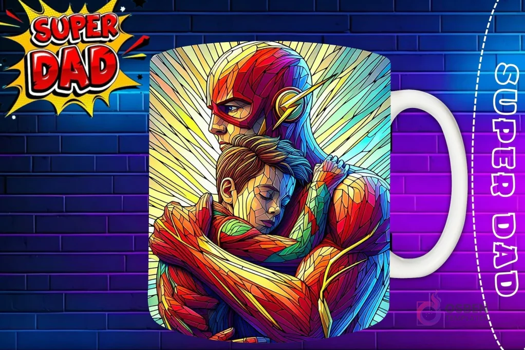 Taza sublimada con Flash y su hijo abrazándose, diseño de velocidad estilo vidriera 'Super Dad'