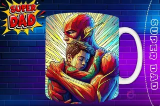 Taza sublimada con Flash y su hijo abrazándose, diseño de velocidad estilo vidriera 'Super Dad'