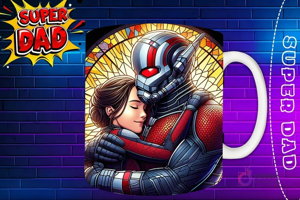 Taza sublimada con Ant-Man abrazando a su hija, diseño de superhéroe estilo vidriera 'Super Dad'