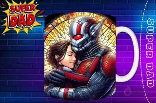Taza sublimada con Ant-Man abrazando a su hija, diseño de superhéroe estilo vidriera 'Super Dad'