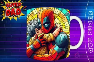 Taza sublimada con Deadpool abrazando a su hijo por detrás, diseño vidriera cálida 'Super Dad'
