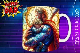 Taza sublimada con Thor y su hijo con Mjolnir, diseño estilo vidriera 'Super Dad'