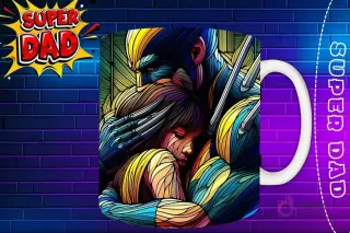 Taza sublimada con Wolverine abrazando a su hija, diseño de garras estilo vidriera 'Super Dad'