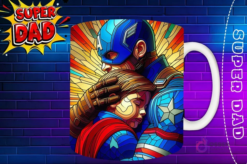 Taza sublimada con Capitán América y su hijo abrazados en primer plano, diseño 'Super Dad'