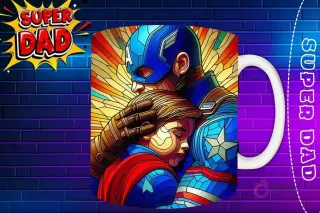Taza sublimada con Capitán América y su hijo abrazados en primer plano, diseño 'Super Dad'