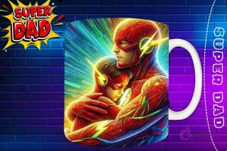 Taza sublimada con Flash abrazando a su hijo con fondo de estelas de luz, diseño 'Super Dad'