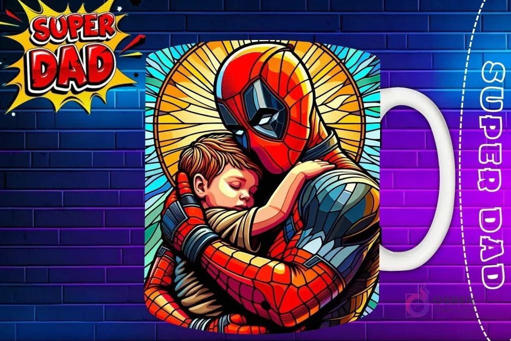 Taza sublimada con Deadpool y su hijo mirando al frente, diseño colorido 'Super Dad'