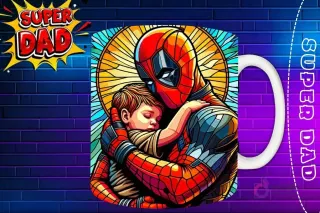 Taza sublimada con Deadpool y su hijo mirando al frente, diseño colorido 'Super Dad'