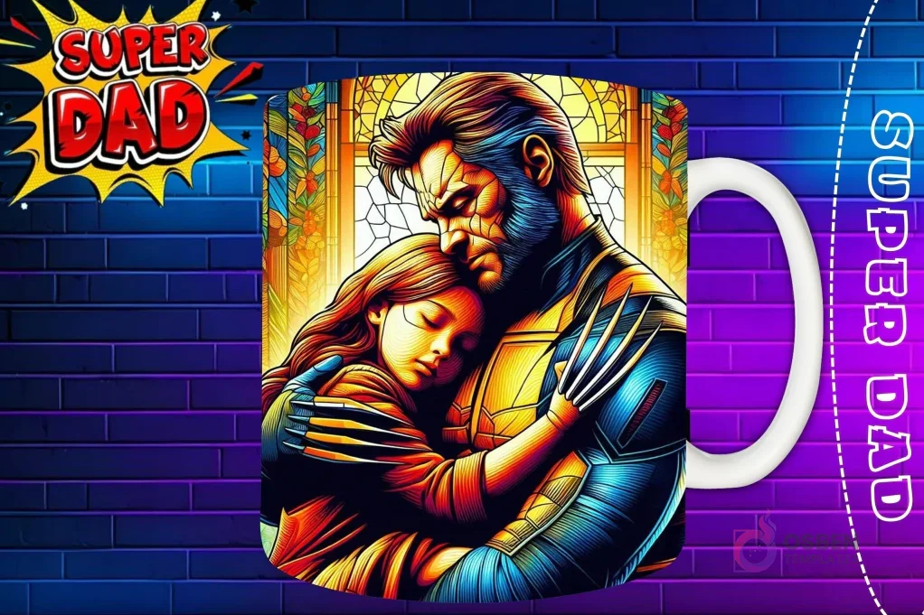 Taza sublimada con Wolverine y su hija en un abrazo cercano, diseño detallado 'Super Dad'