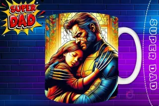 Taza sublimada con Wolverine y su hija en un abrazo cercano, diseño detallado 'Super Dad'