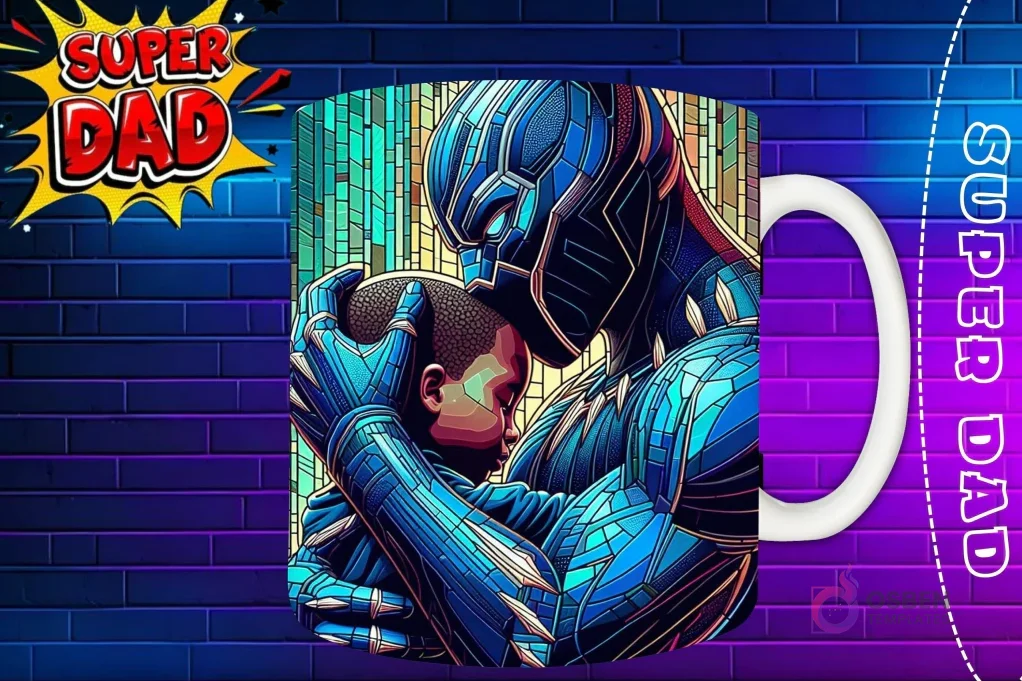Taza sublimada con Doctor Strange abrazando a su hija, diseño místico estilo vidriera 'Super Dad'